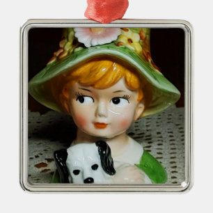 Redhead Child & Puppy Little Girl Lady Head Vase Metal Ornament