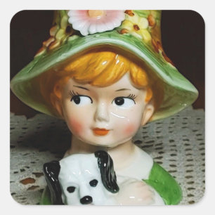 Redhead Child & Puppy Little Girl Lady Head Vase Square Sticker