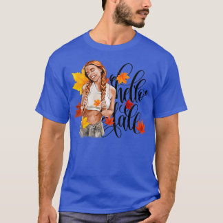 Redhead Fashion Girl in Fall Leaves and Motivation T-Shirt