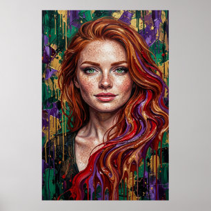 Redhead Girl Freckles Impasto Paint Drip Art Poste Poster