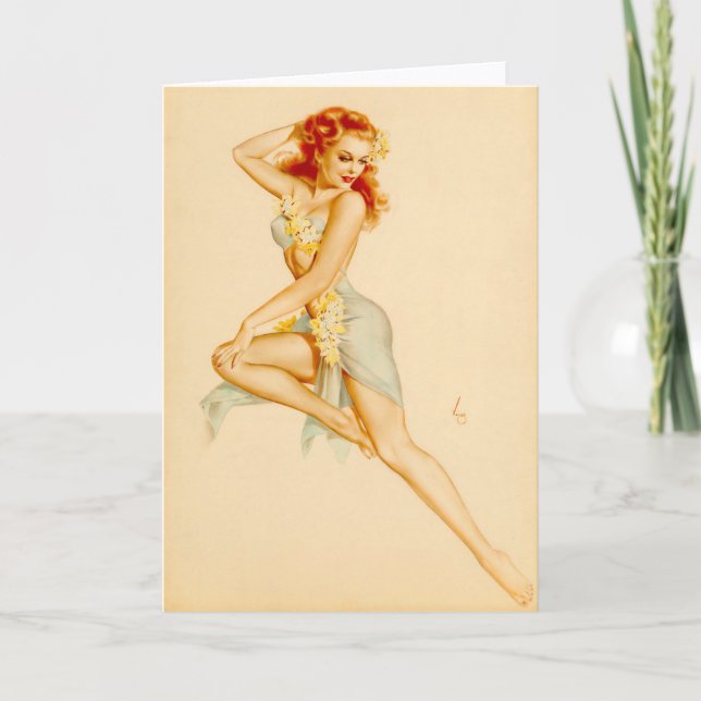 Redhead Hawaiian Costume Pin Up Card (Front)