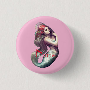 Redhead Mermaid Beauty Thunder_Cove 1 Inch Round Button