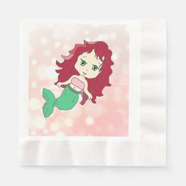 Redhead Mermaid Coral Birthday  Paper Napkins (Front)