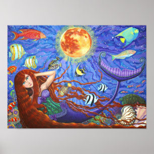 Redhead Mermaid in Corset with Moon and Fish Poster
