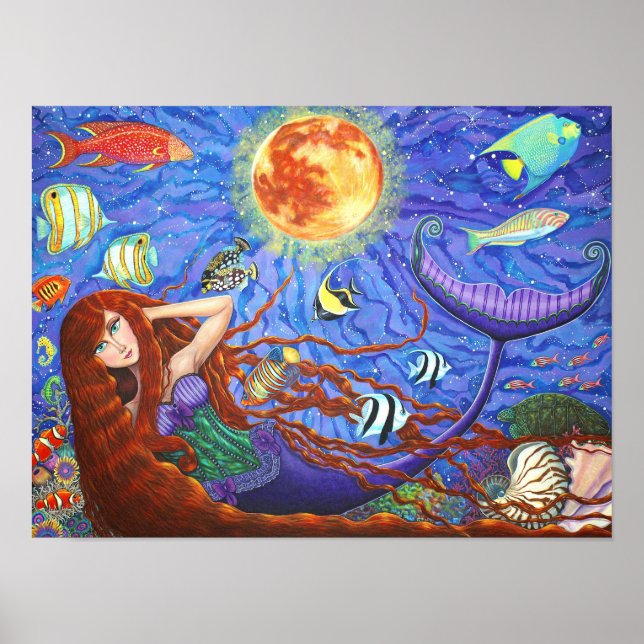 Redhead Mermaid in Corset with Moon and Fish Poster (Front)
