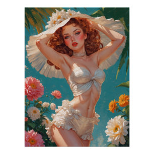 Redhead Pin-Up Daisy Hat Floral Poster
