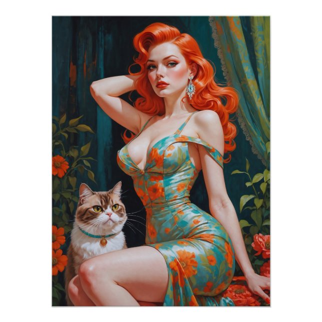 Redhead Pin-Up with Cat Floral Poster (Front)
