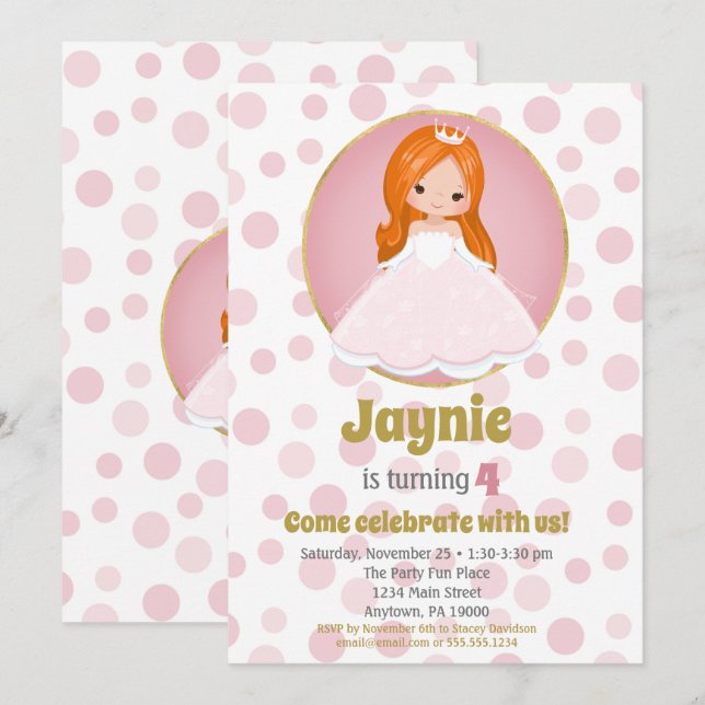 Redhead Pink Princess Girls Birthday Invitation (Front/Back)
