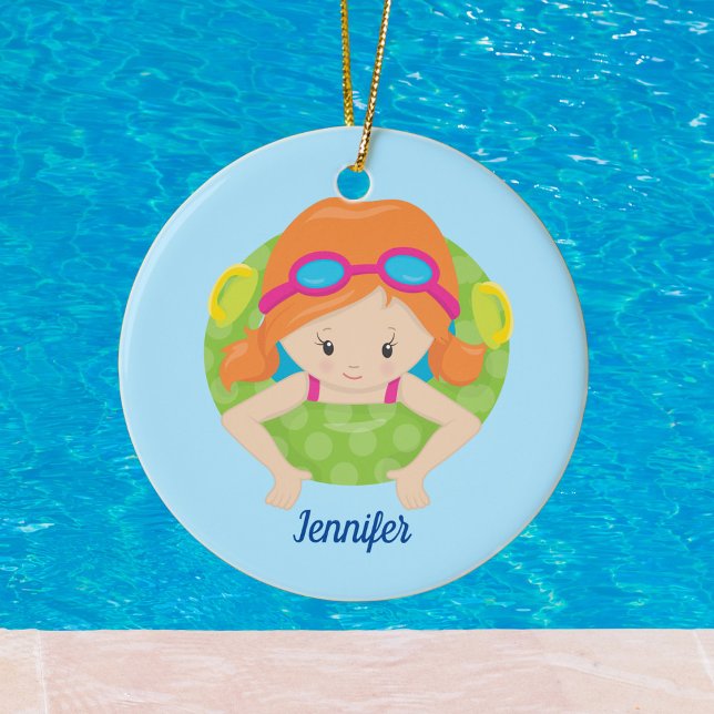 Redhead Swim Girl Cute Custom Ceramic Ornament (Creator Uploaded)