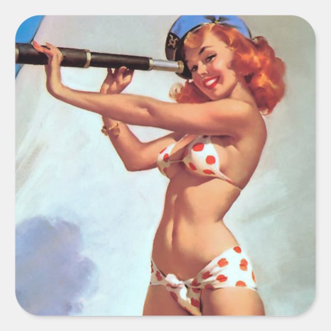 Redhead with Spyglass Pin Up Square Sticker (Front)