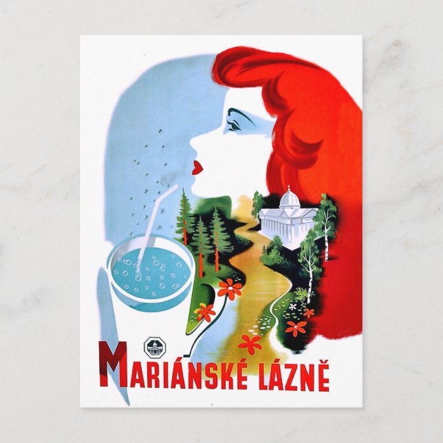 Redhead woman is drinking water, Marianske Lazne Postcard (Front)