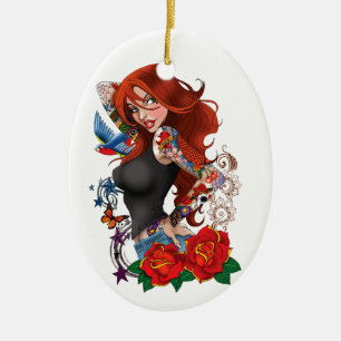 Redhead Woman Tattoos Ceramic Ornament