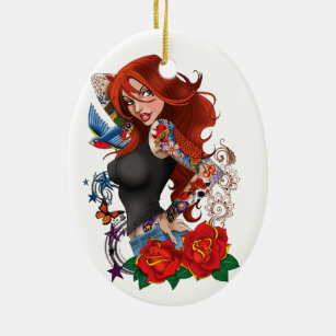 Redhead Woman Tattoos Ceramic Ornament