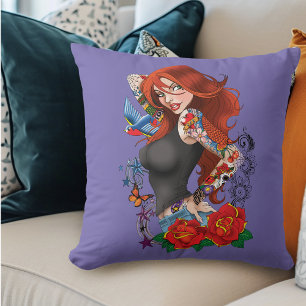 Redhead Woman Tattoos Throw Pillow