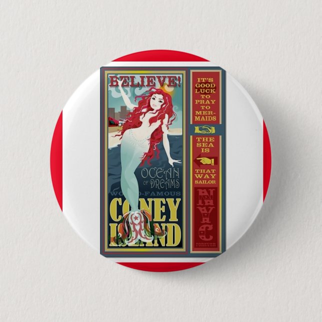 redheaded coney island mermaid 2 inch round button (Front)