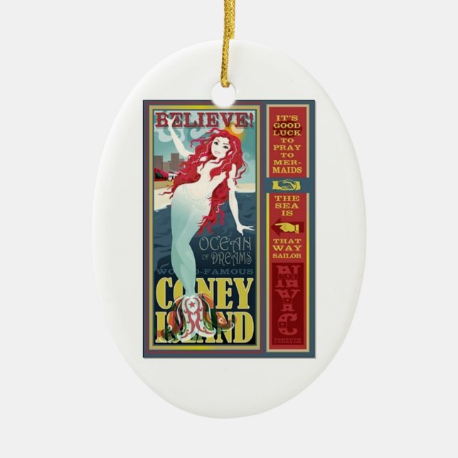 redheaded coney island mermaid beauty ceramic ornament (Front)