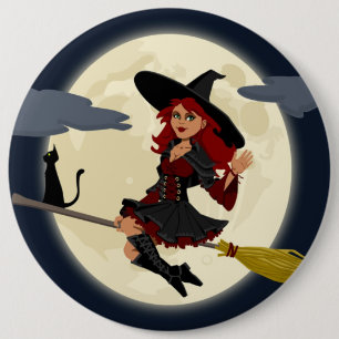 REDHEADED HALLOWEEN WITCH 6 INCH ROUND BUTTON