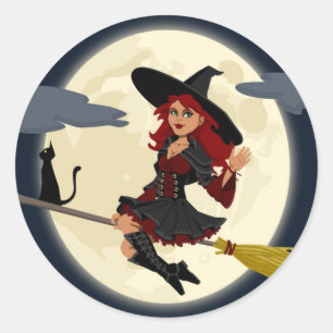 REDHEADED HALLOWEEN WITCH CLASSIC ROUND STICKER