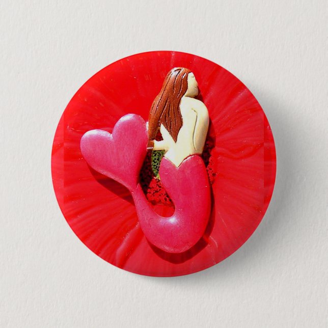 redheaded heart-tail mermaid 2 inch round button (Front)