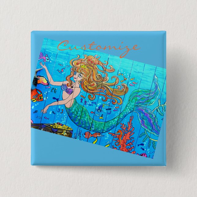 redheaded mermaid blue 2 inch square button (Front)