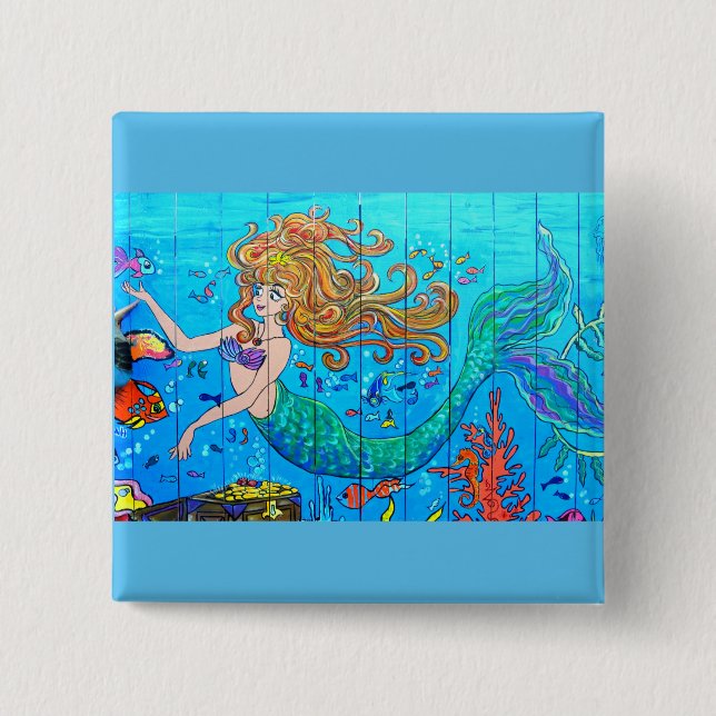 redheaded mermaid underwater 2 inch square button (Front)