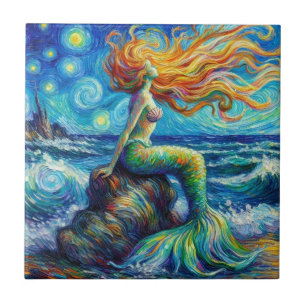 Redheaded Mermaid Van Gogh Style Tile