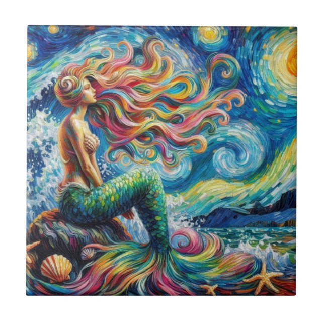 Redheaded Mermaid Van Gogh Style Tile (Front)