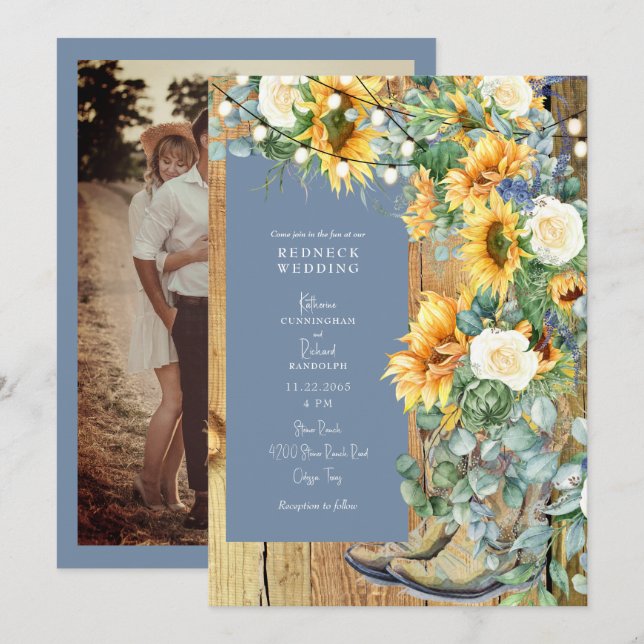 Redneck Wedding Cowboy Boots String Periwinkle Invitation (Front/Back)