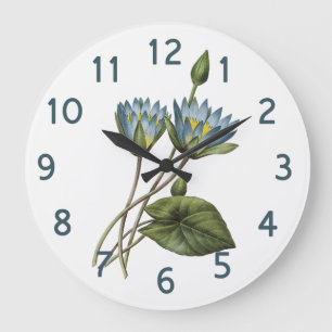 Redoute Blue Lotus Floral Watercolor Large Clock