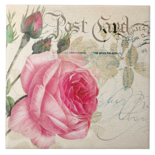 Redoute French Pink Rose Postcard Ceramic Tile