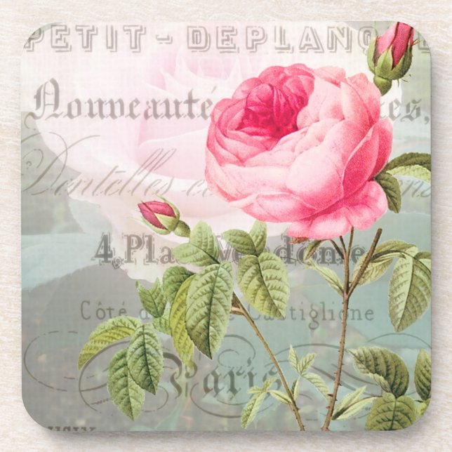 Redoute Pink Rose French Accent Coasters (Front)