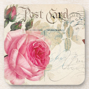 Redoute Pink Rose French Accent Postcard Coasters