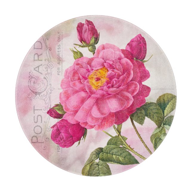 Redoute Pink Rose Round Cutting Board (Front)