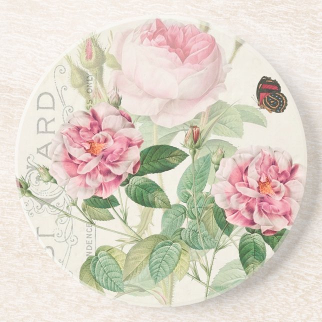 Redoute Pink Roses Flowers Sandstone Coaster (Front)