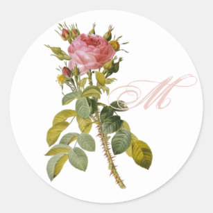 Redoute Rose with Monogram Initial Classic Round Sticker