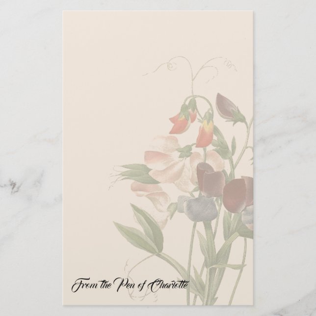 Redoute Sweet Peas Flowers Personalized Stationery (Front)