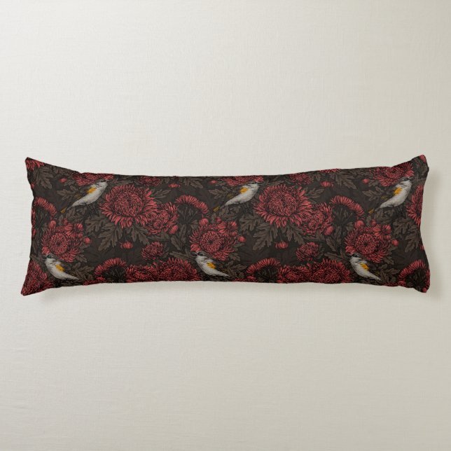 Redstarts in the chrysanthemums in brown and red body pillow (Front)