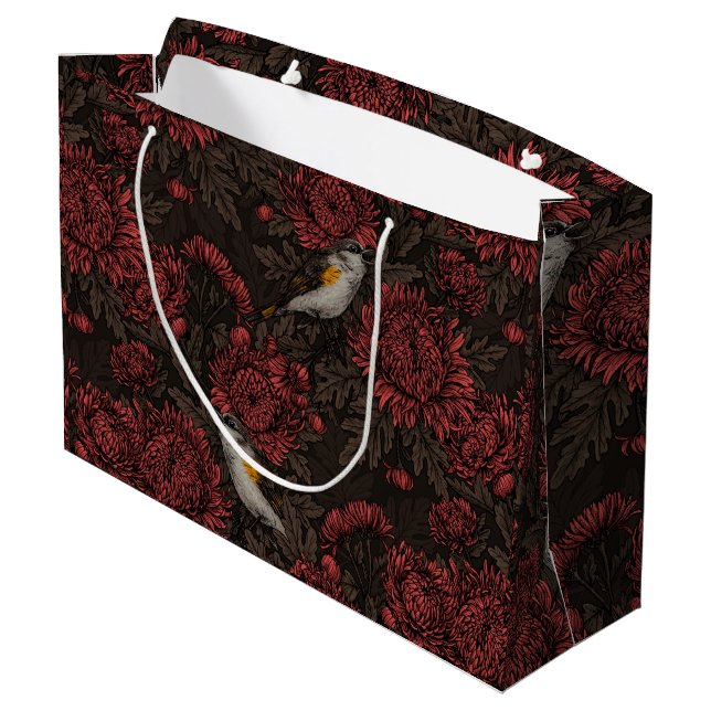 Redstarts in the chrysanthemums in brown and red large gift bag (Back Angled)