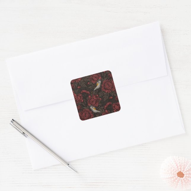 Redstarts in the chrysanthemums in brown and red square sticker (Envelope)