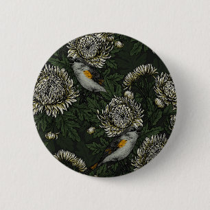 Redstarts in the chrysanthemums in green and white 2 inch round button