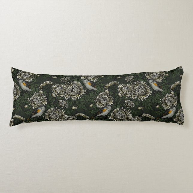 Redstarts in the chrysanthemums in green and white body pillow (Front)