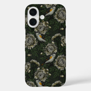 Redstarts in the chrysanthemums in green and white iPhone 16 case