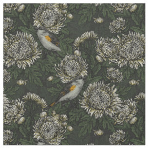 Redstarts in the chrysanthemums in green and white fabric