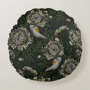 Redstarts in the chrysanthemums in green and white round pillow