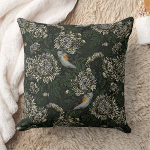 Redstarts in the chrysanthemums in green and white throw pillow