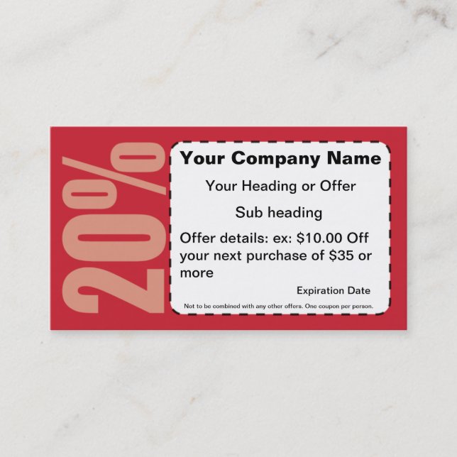 Réduction 20% outre du carte de visite de bon (Devant)