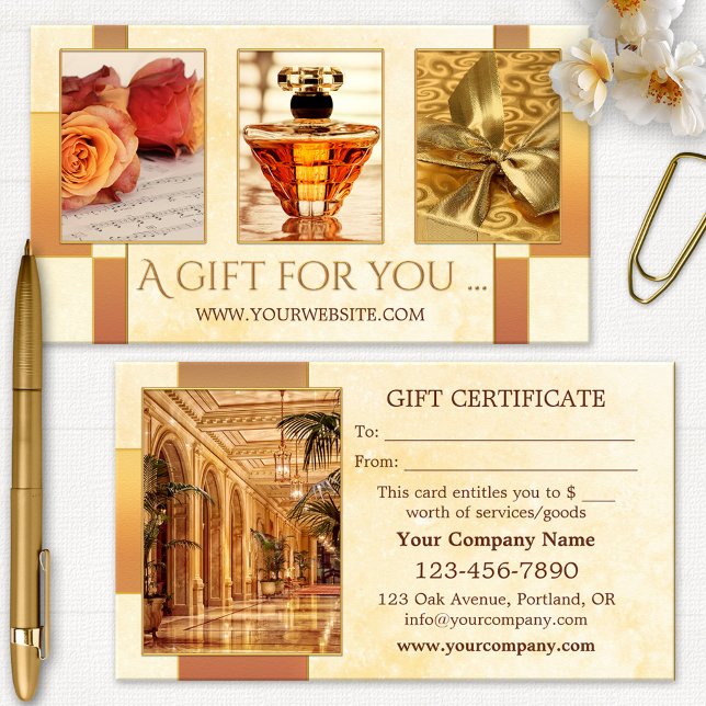 Réduction Vos Photos Articles De Luxe Carte Cadeau (Gift certificate template featuring your photos on a geometric gold stylized background)