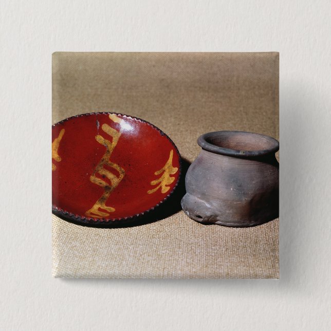 Redware cup and dish, c.1780 2 inch square button (Front)