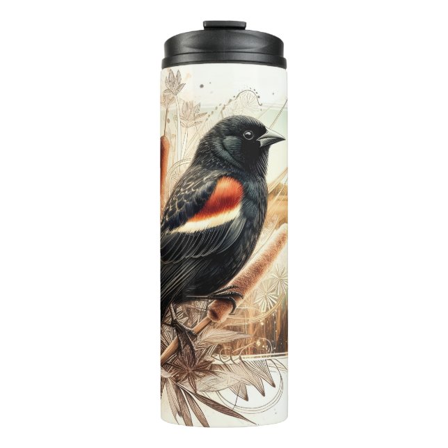 Redwing Blackbird Marsh Cattails Thermal Tumbler (Front)