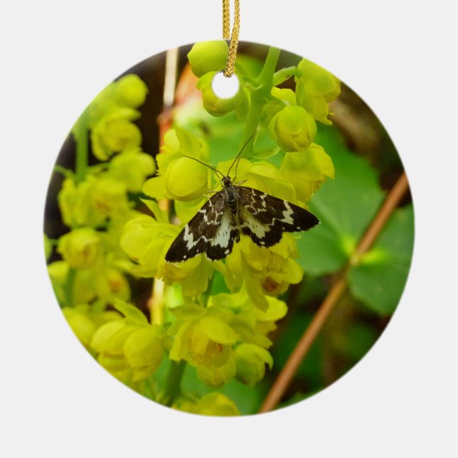 Redwood Butterfly and Wildflowers Ceramic Ornament (Front)